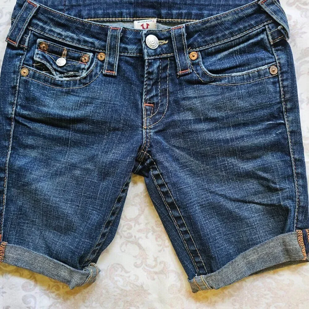 True Religion Bermuda Denim Shorts Womens 27 Rolled Cuff Long Inseam